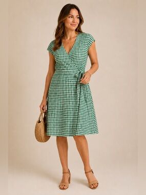 Banana Republic Green Gingham Wrap Dress Linen Blend Cottagecore 12